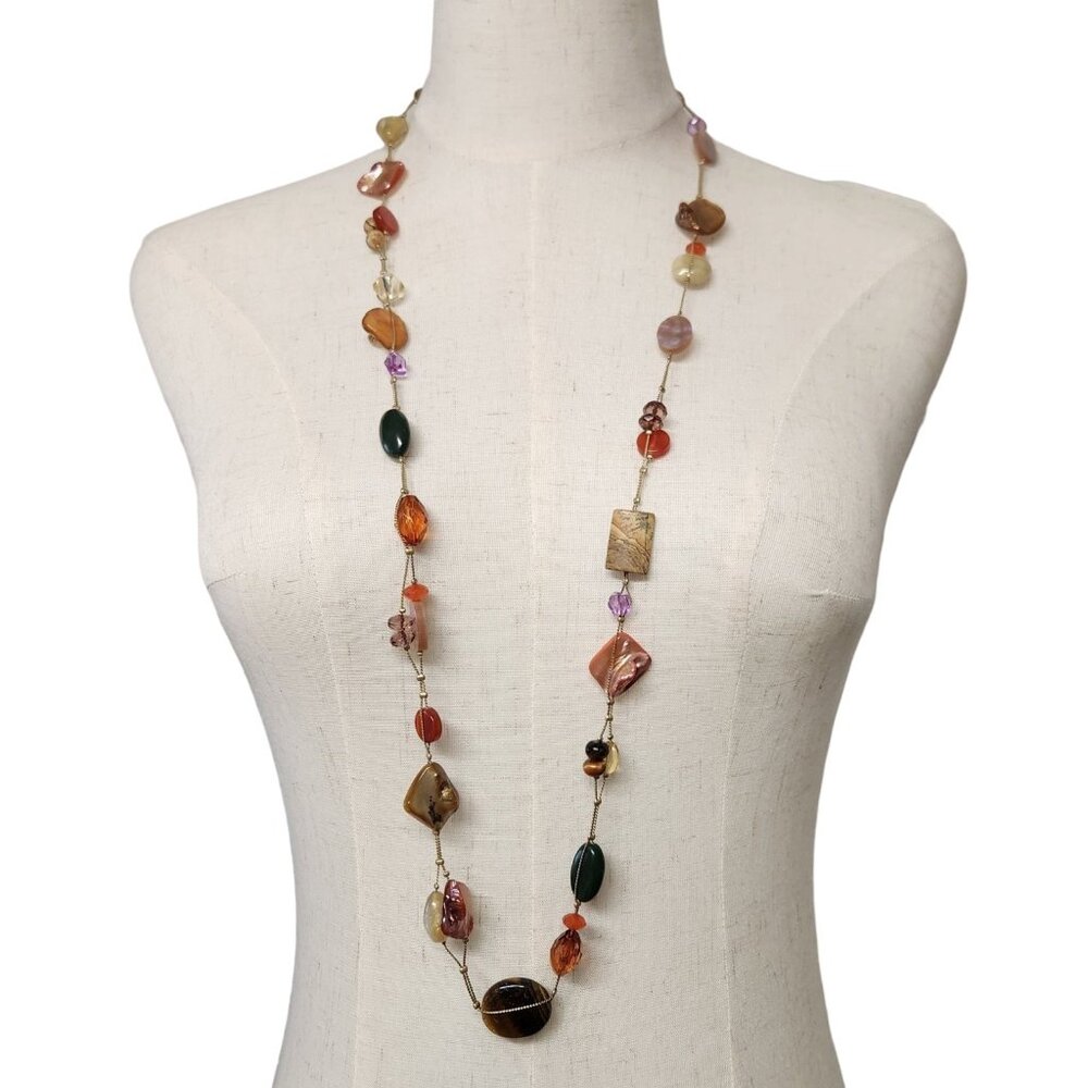 Lia Sophia Maggie Long Necklace Natural Stones on Gold Tone Chain Colorful *NIB*